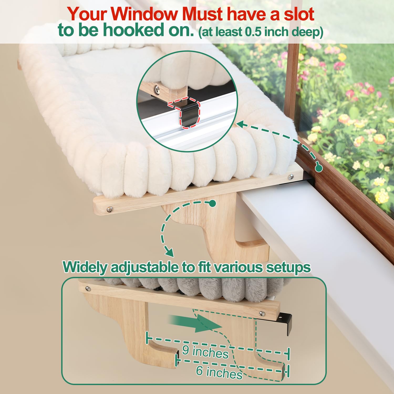 Adjustable bracket adapts to deeper windowsills up to 9 inches.