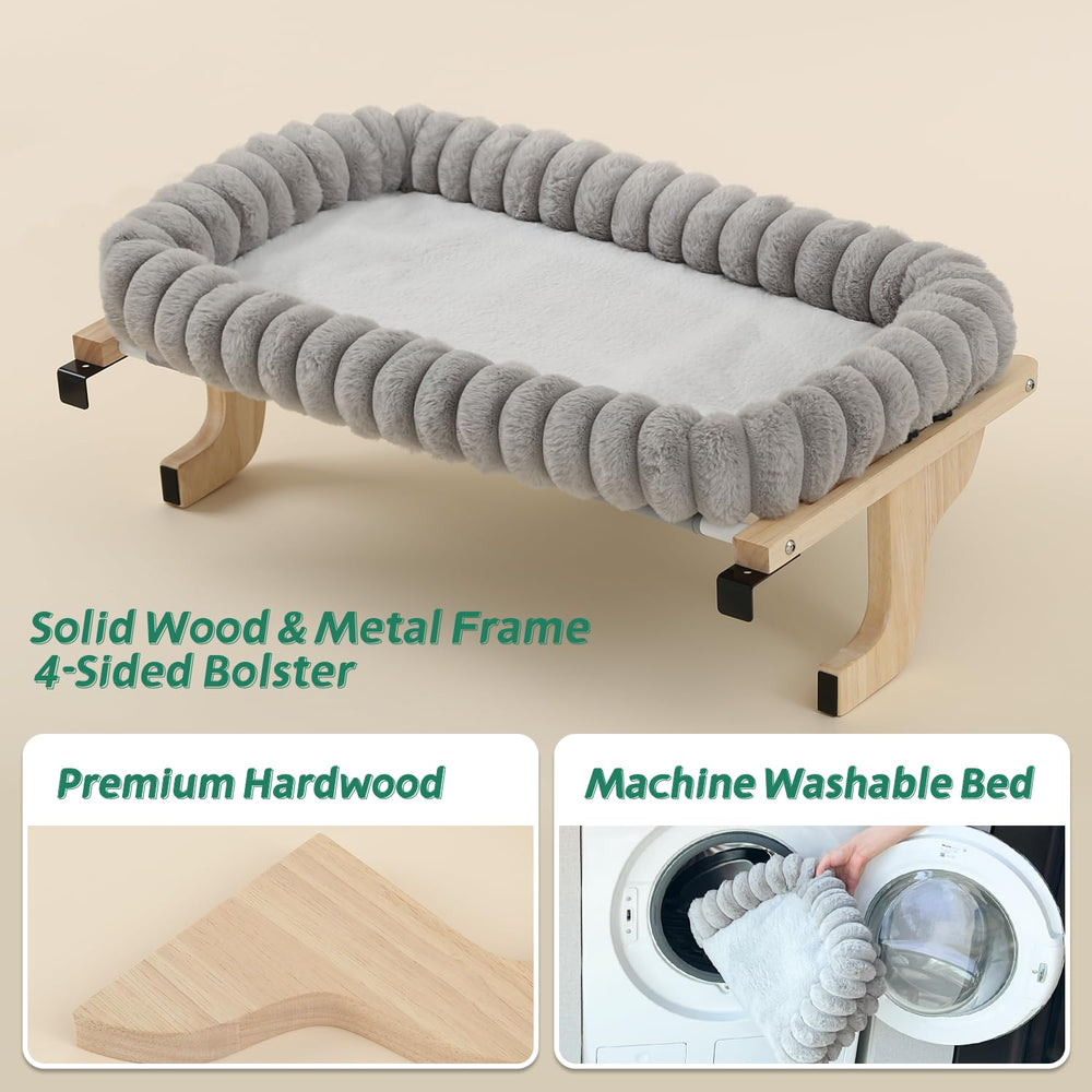 Zakkart SnugCloud sunlit window nap with natural wood finish and gray bed.