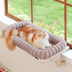 Zakkart SnugCloud window perch front view showing secure mounting for sunlit lounging.