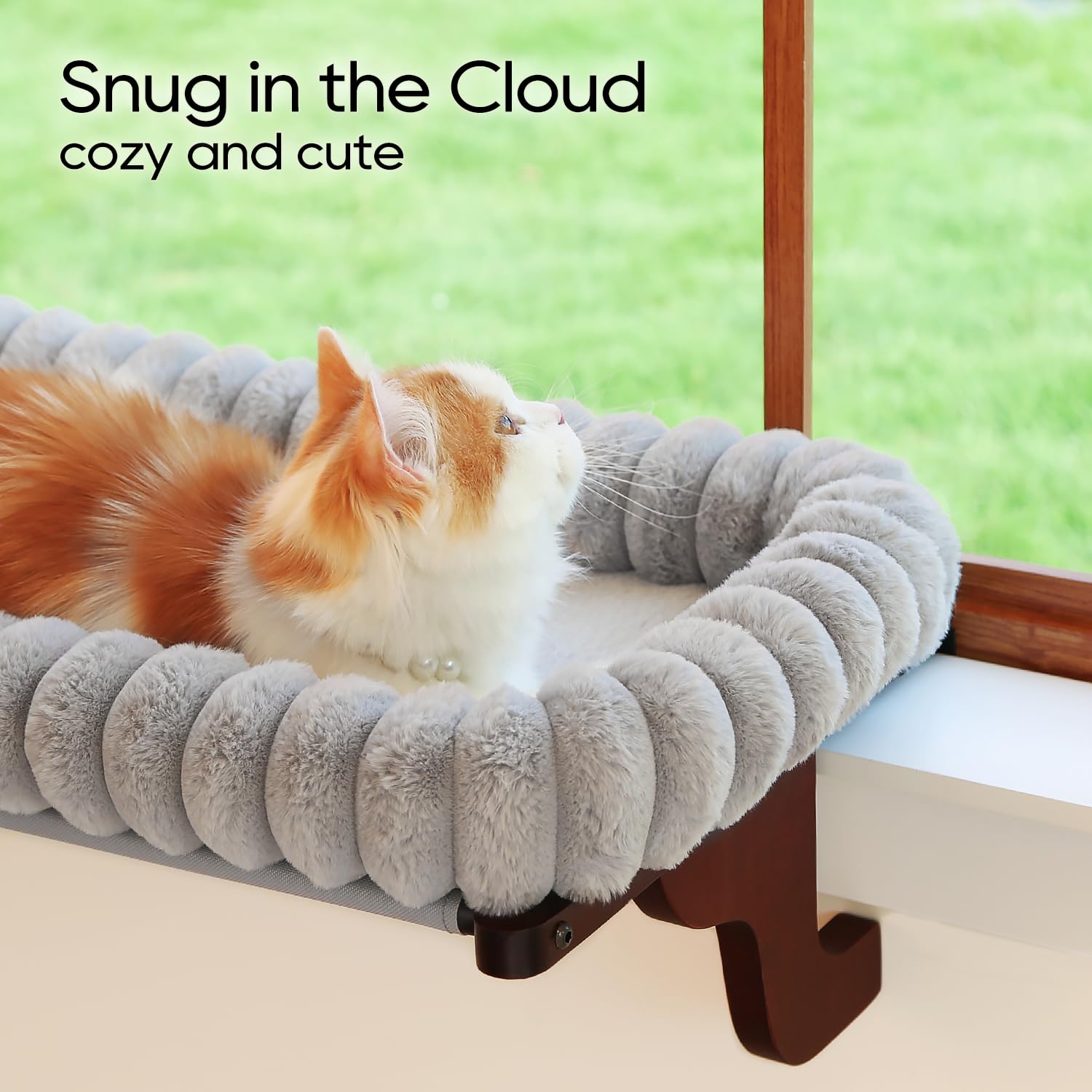 Zakkart SnugCloud window perch side view highlights adjustable bracket for deep sills