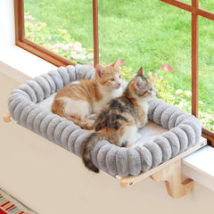 Zakkart SnugCloud window perch shows a sturdy wood frame for secure sunlit lounging.