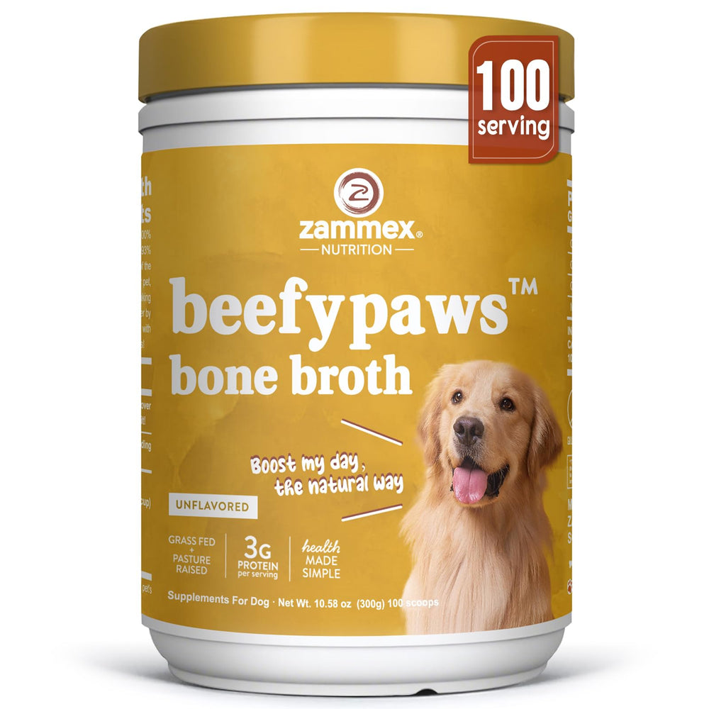 Zammex Grass-Fed Beef Bone Broth Powder bottle shown, supports joint comfort and palatable feeding.