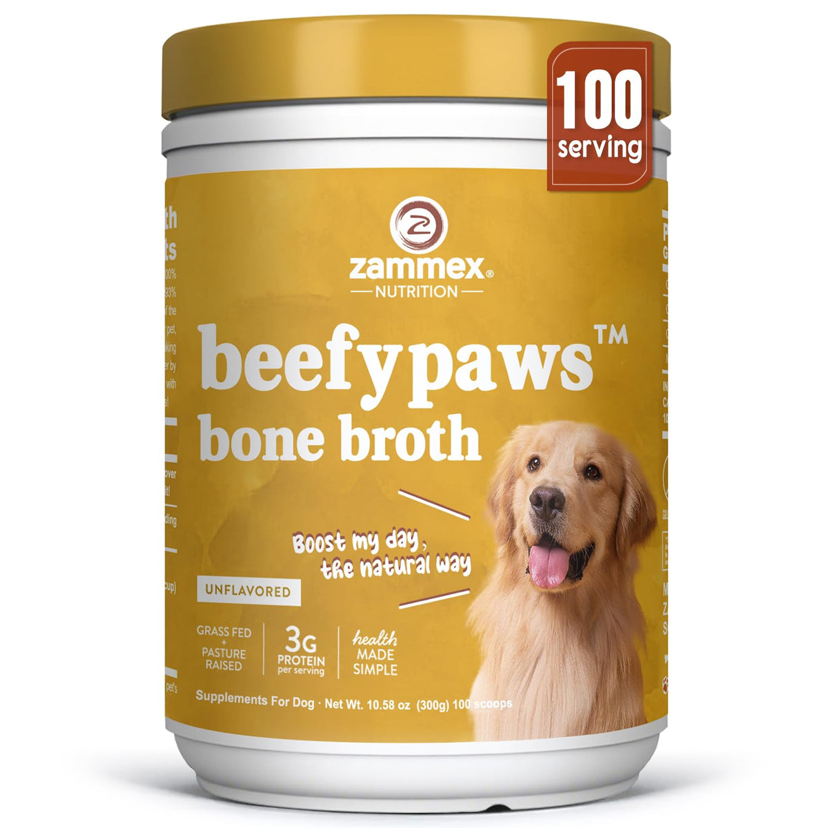 Zammex Grass-Fed Beef Bone Broth Powder bottle shown, supports joint comfort and palatable feeding.