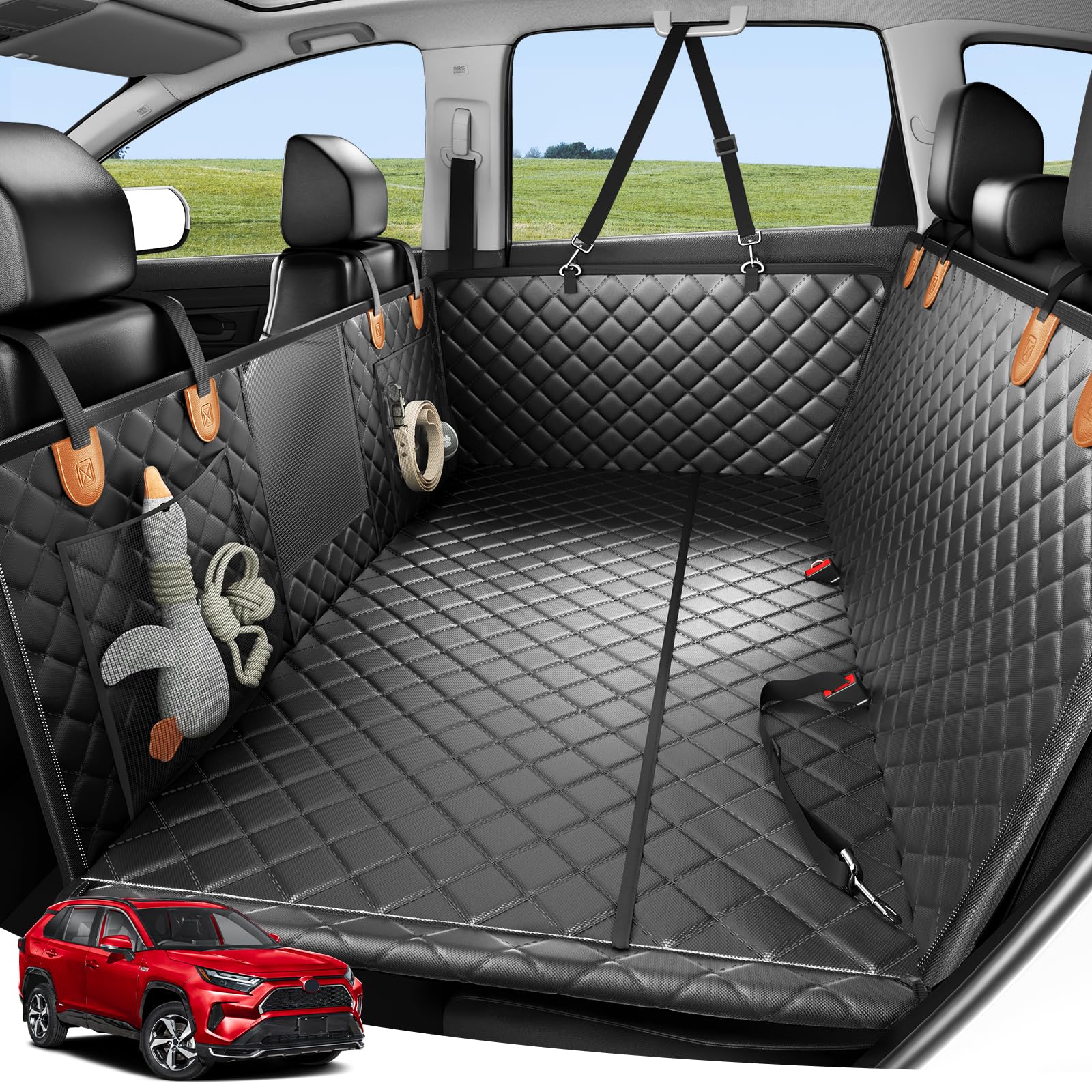 Zanch heavy-duty dog car seat cover laid flat protecting backseat while traveling