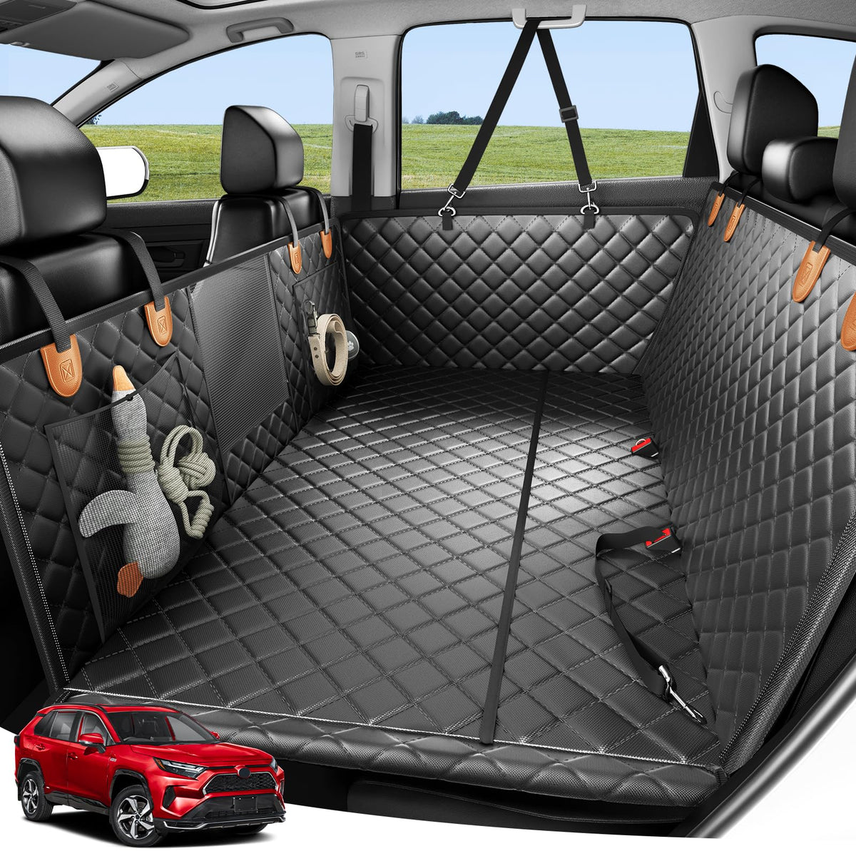 Zanch heavy-duty dog car seat cover laid flat protecting backseat while traveling