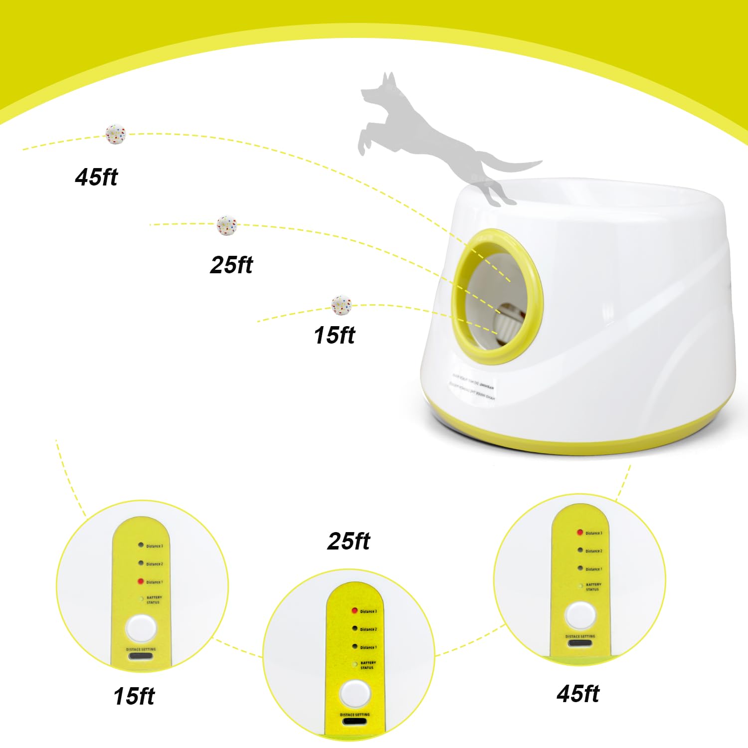Zapell automatic ball launcher side view with adjustable distance options