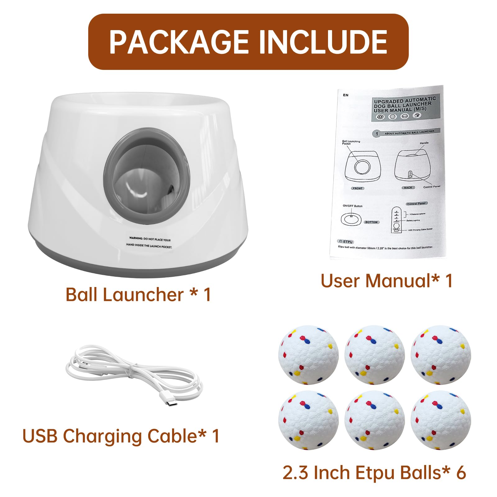 Included user manual and six balls with the ZAPELL launcher