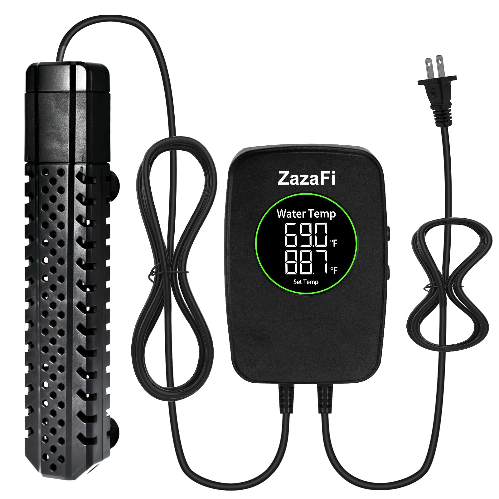ZazaFi 100W aquarium heater with clear front display for easy monitoring.
