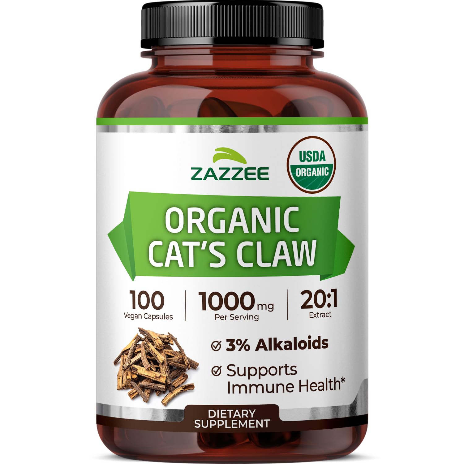 Zazzee Cat's Claw 20:1 extract bottle label highlights organic vegan formula.