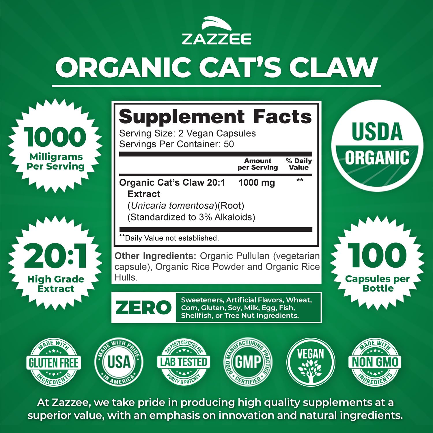 Zazzee Cat's Claw bottle on counter suggests easy daily use.