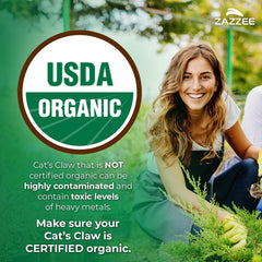 Zazzee Cat's Claw capsules close-up showing vegan capsules and standardized potency.