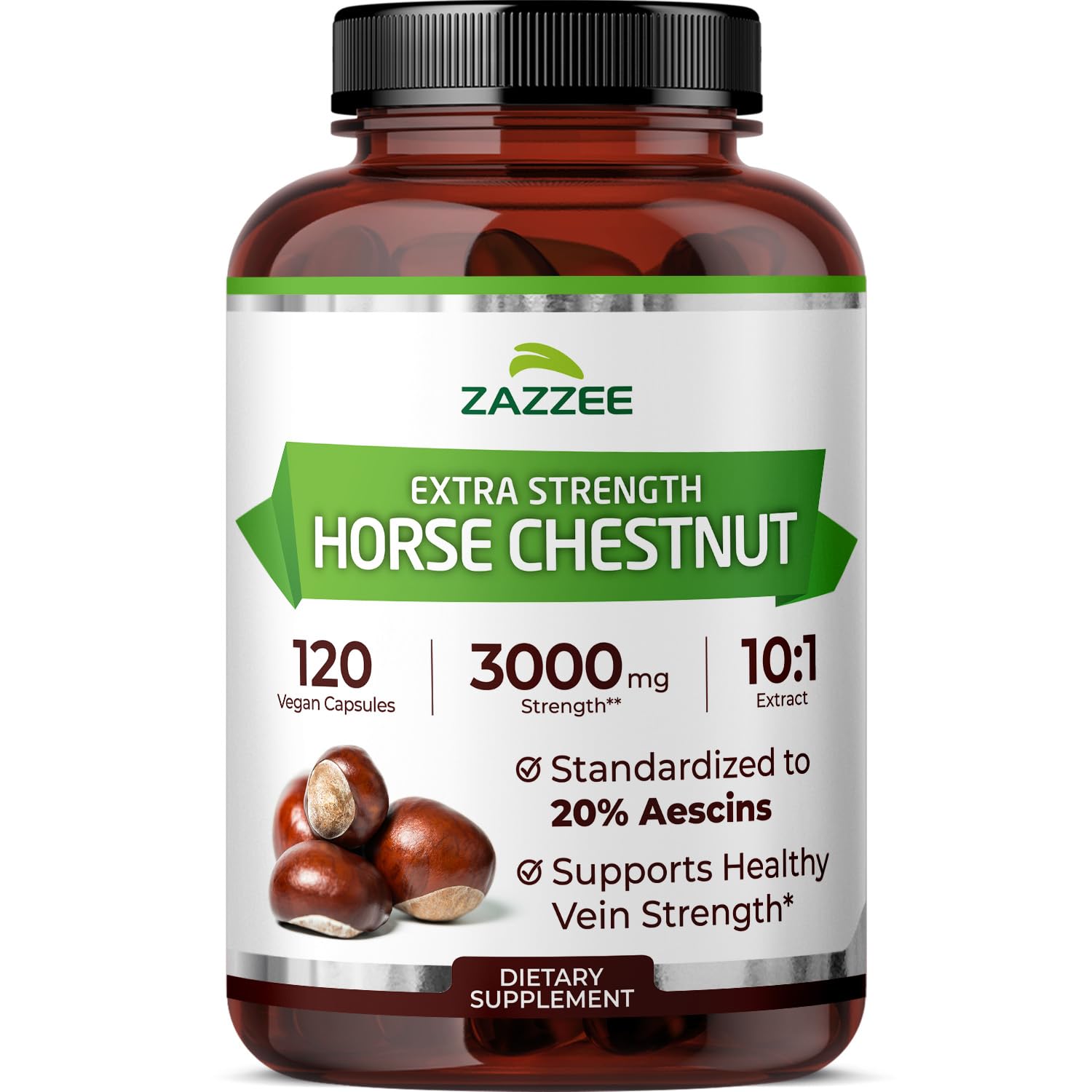 Zazzee horse chestnut extra-strength bottle viewed clearly for daily support