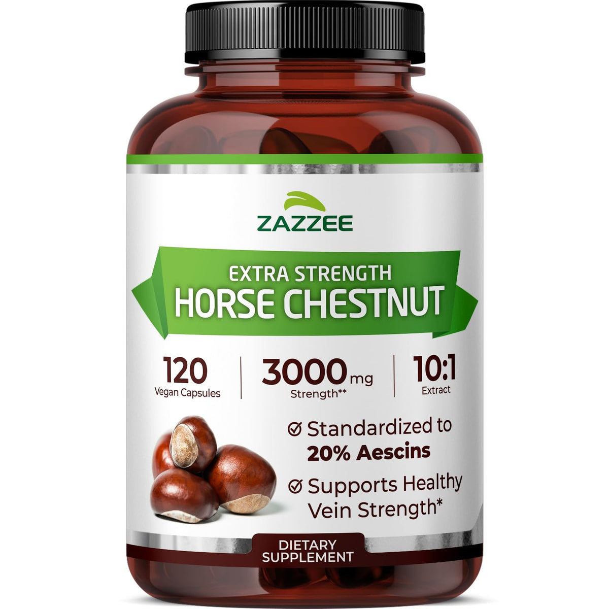 Zazzee horse chestnut extra-strength bottle viewed clearly for daily support