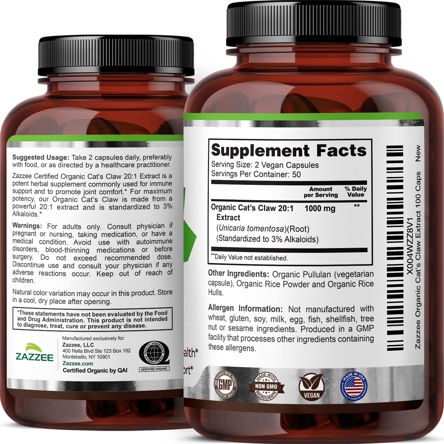 Back panel reveals clean ingredients for Zazzee Cat's Claw with allergen-free profile.