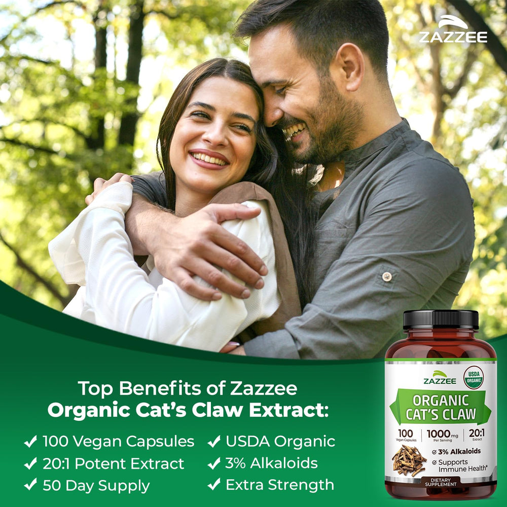 USDA organic certification seal emphasizes purity in Zazzee Cat's Claw product.