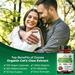USDA organic certification seal emphasizes purity in Zazzee Cat's Claw product.
