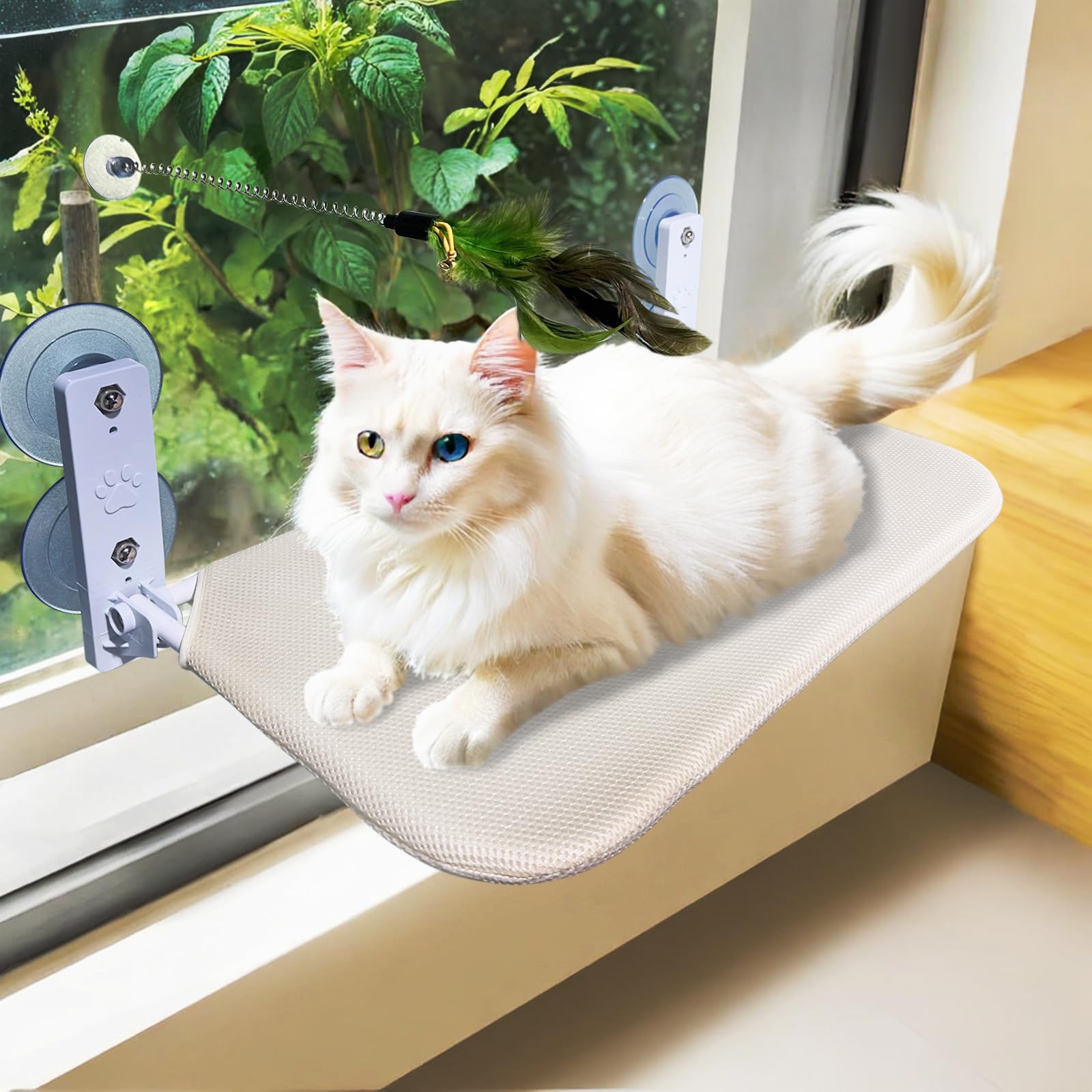 ZBUQ cat window perch seat in cream offers steady sunlit lounging.