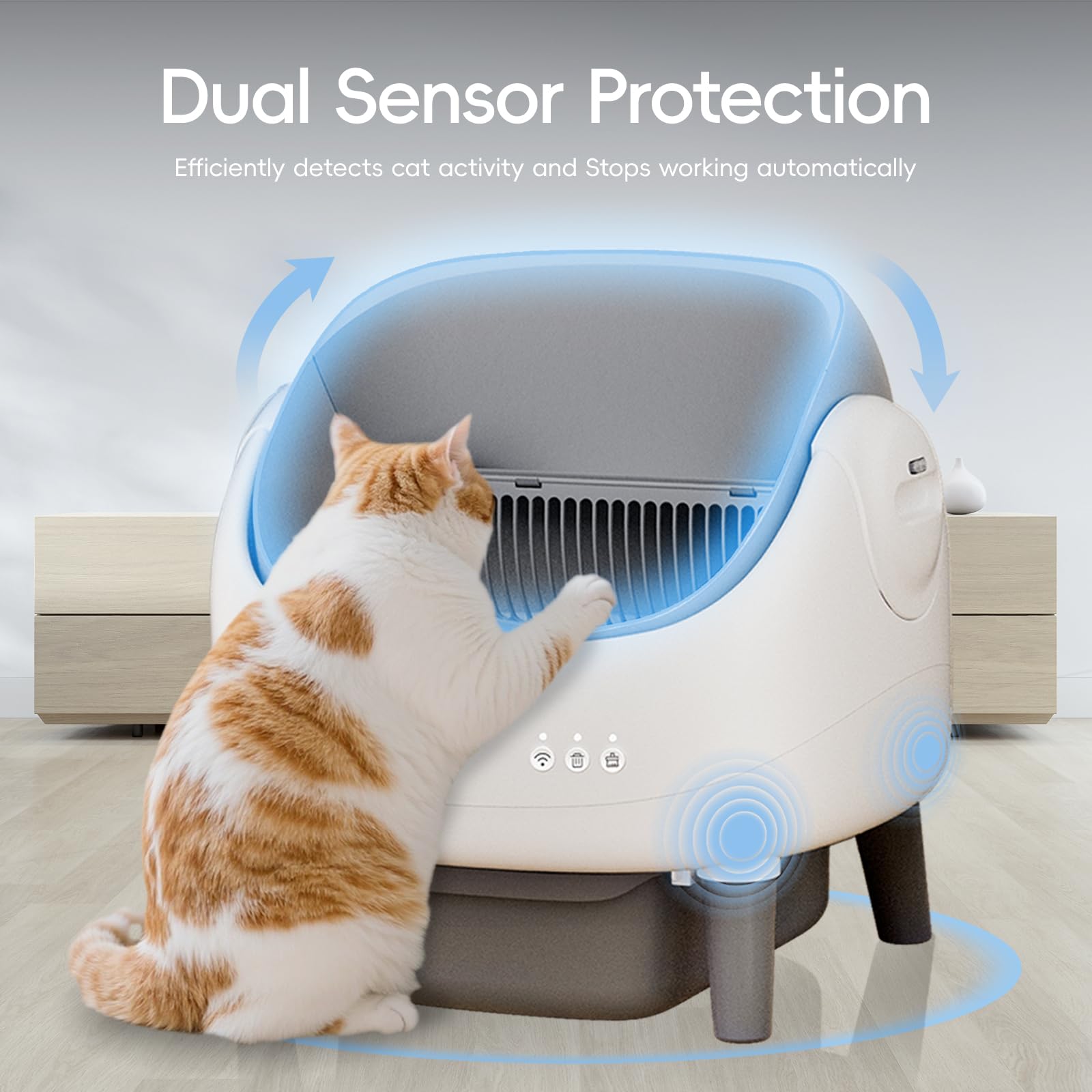 ZeaCotio Safety sensors detect cat presence to pause cycles and prevent trapping.