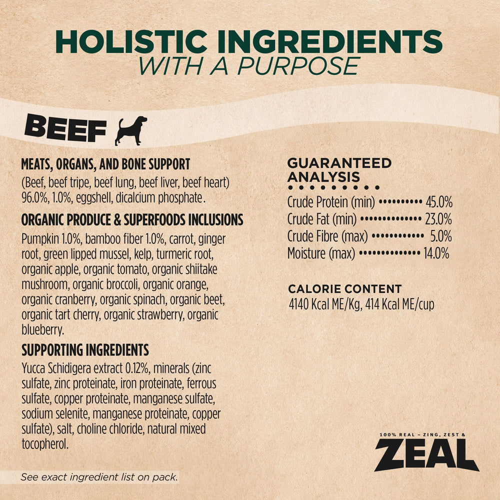 ZEAL Canada bag interior reveals natural ingredients and grain-free formula
