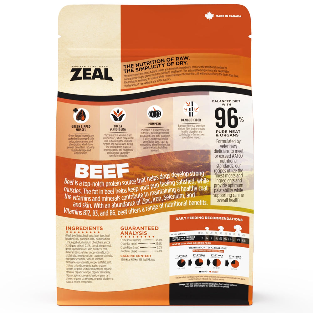 Close-up of ZEAL Canada air-dried beef ingredients highlights quality protein and superfoods
