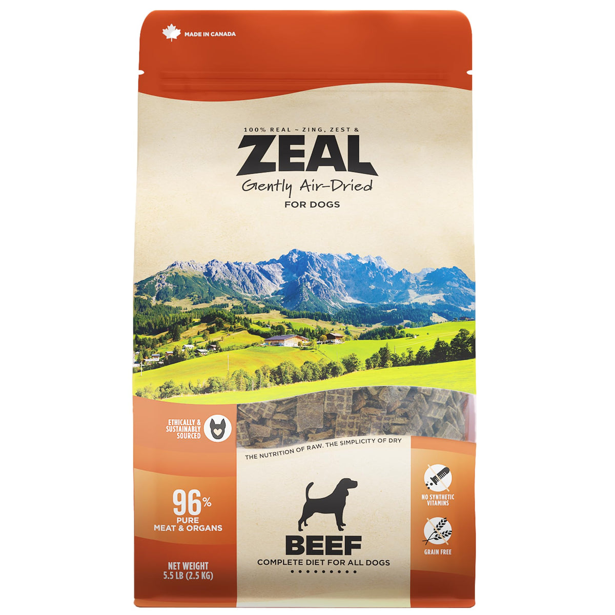 ZEAL Canada air-dried beef recipe bag showing a complete grain-free dog food option