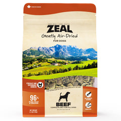 ZEAL Canada air-dried beef packaging highlighting grain-free dog nutrition.