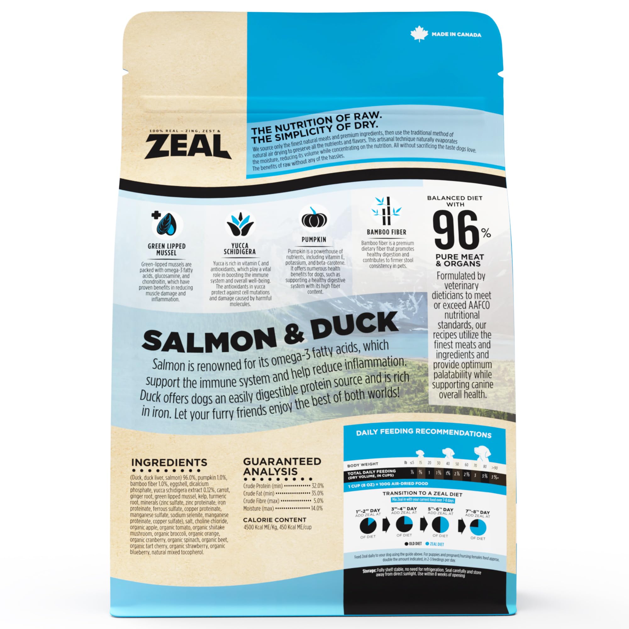 ZEAL dual-protein salmon and duck recipe bag label showcasing balanced nutrition.