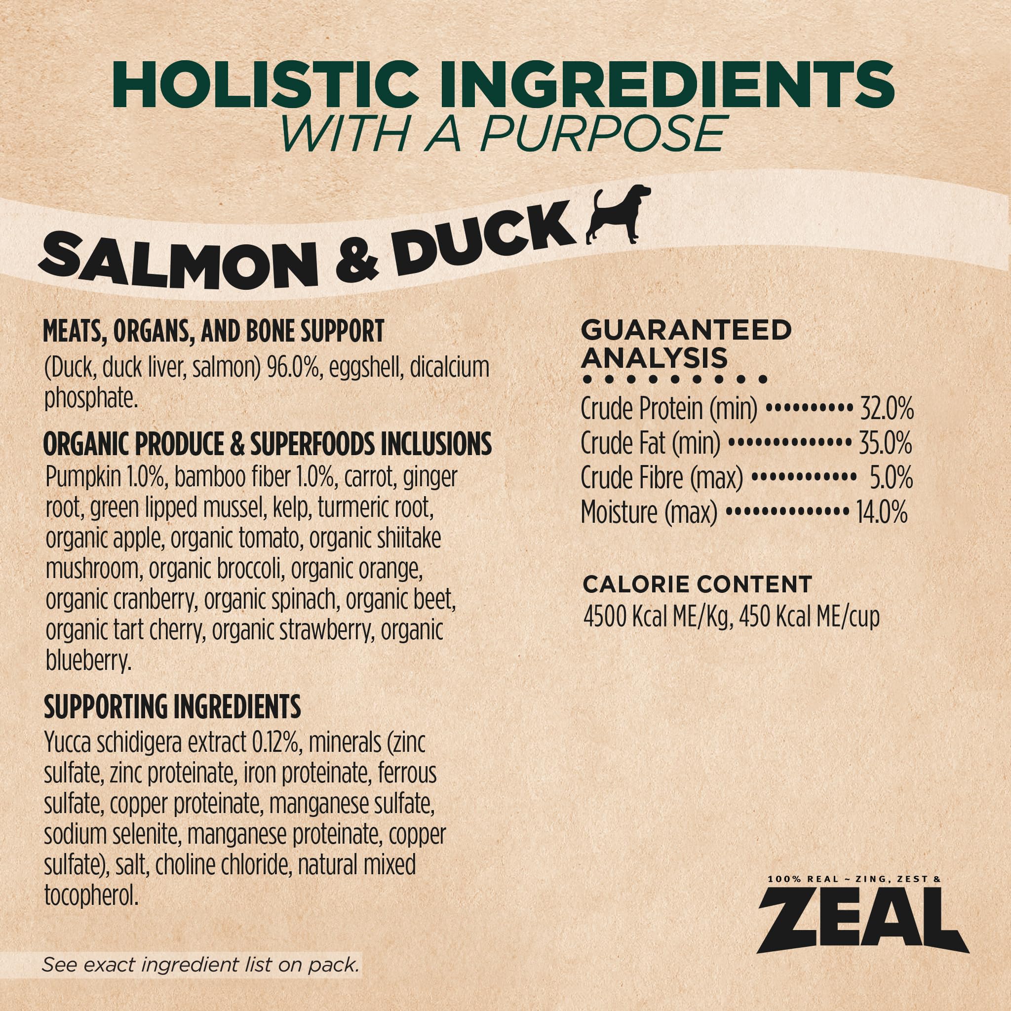 Canadian-made ZEAL ingredients label on bag emphasizing no fillers or artificial additives.