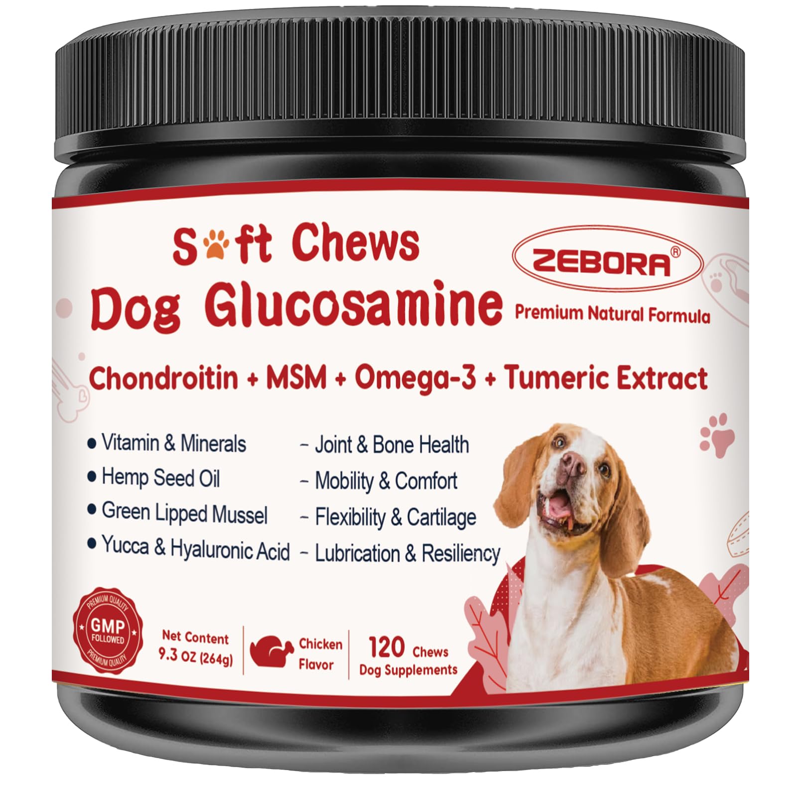 ZEBORA dog joint soft chews bottle supports mobility and comfort.