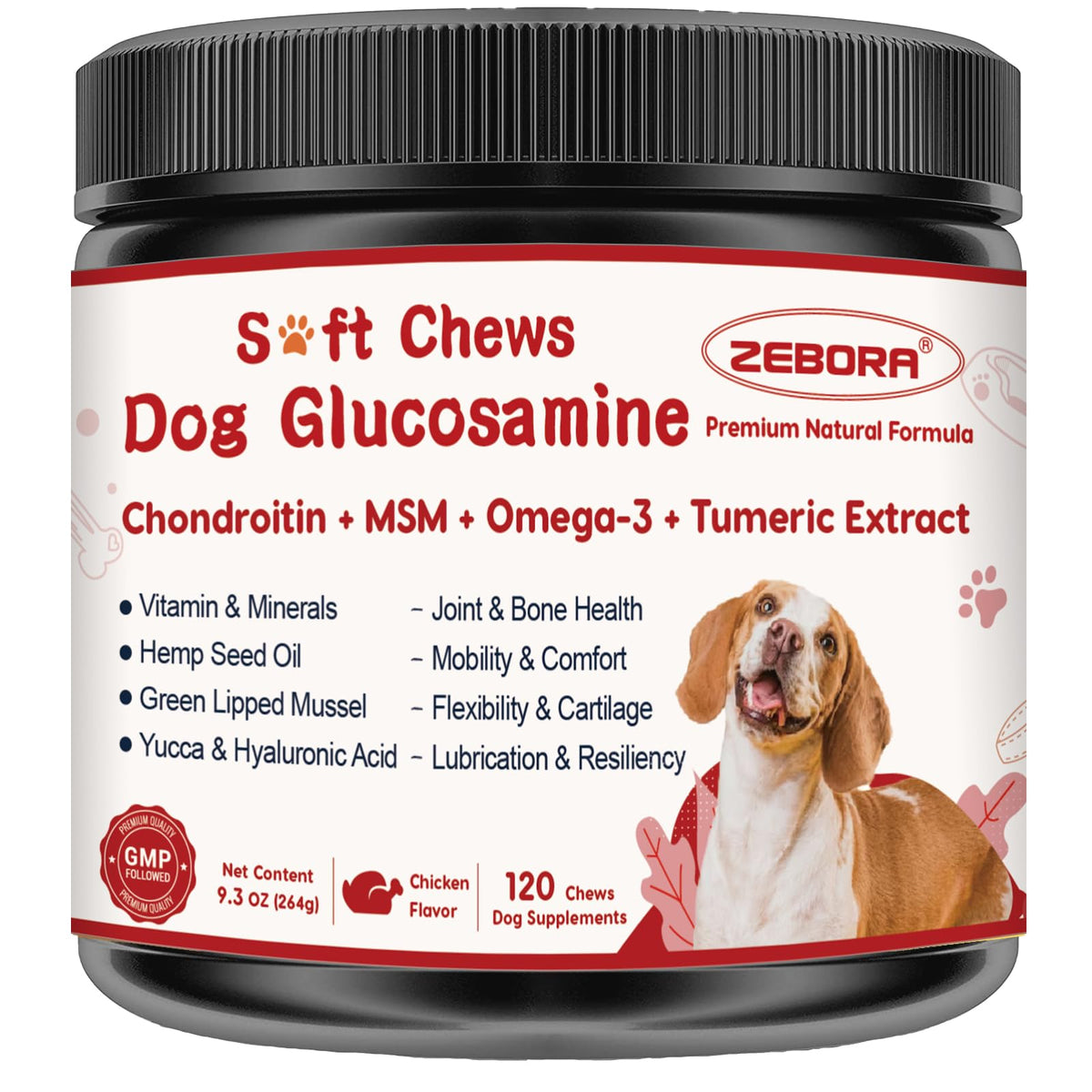 ZEBORA dog joint soft chews bottle supports mobility and comfort.