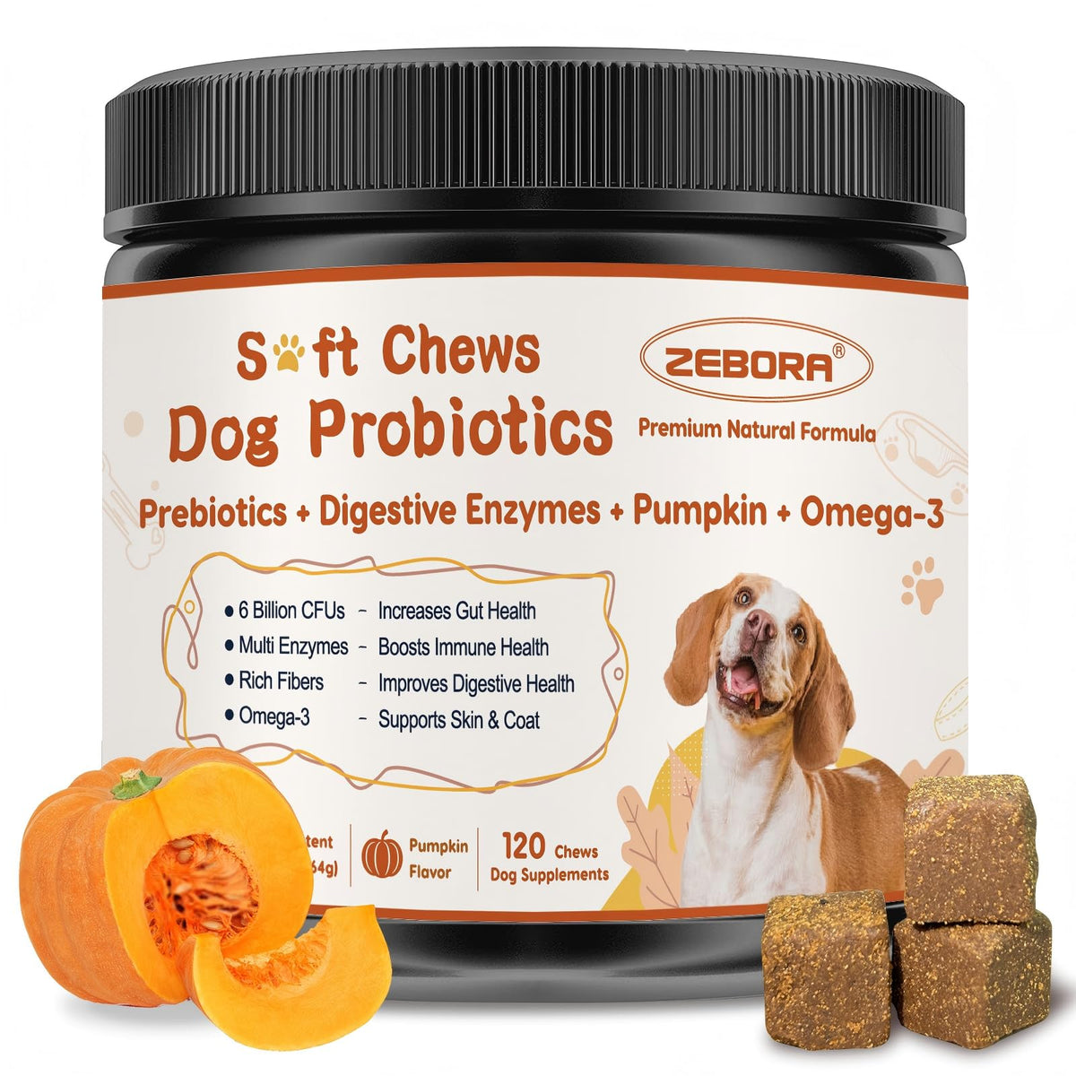 ZEBORA dog probiotics pumpkin chews on package, supporting daily gut balance.