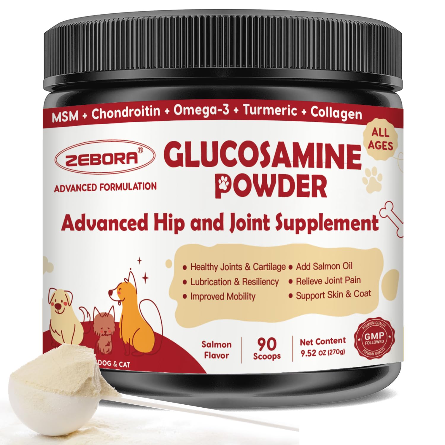 ZEBORA glucosamine bottle for dogs signaling joint support.