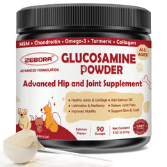 ZEBORA glucosamine bottle for dogs signaling joint support.