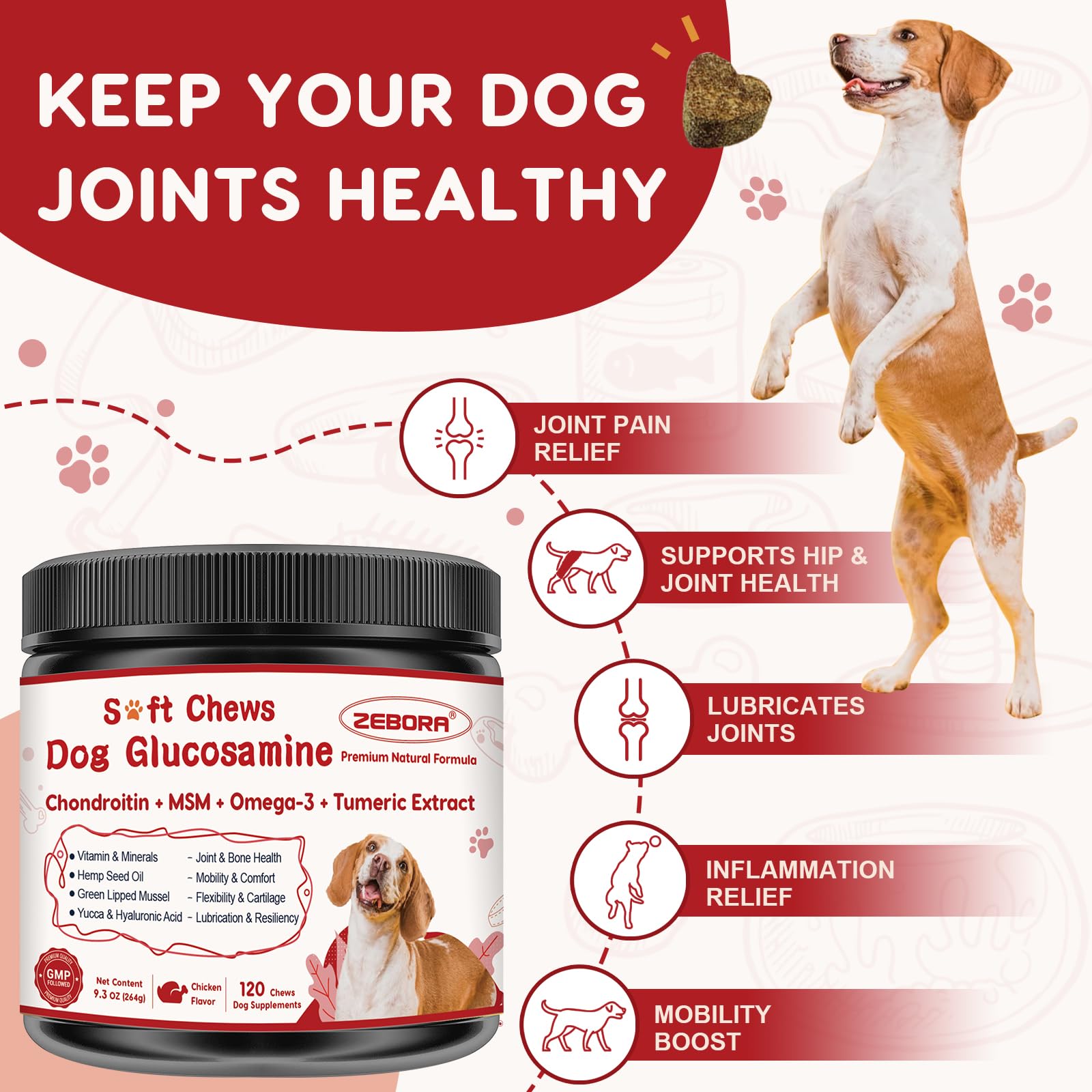 ZEBORA glucosamine dog joint soft chews bottle aids cartilage health.