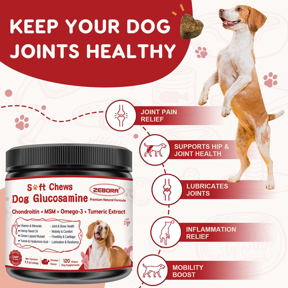 ZEBORA glucosamine dog joint soft chews bottle aids cartilage health.