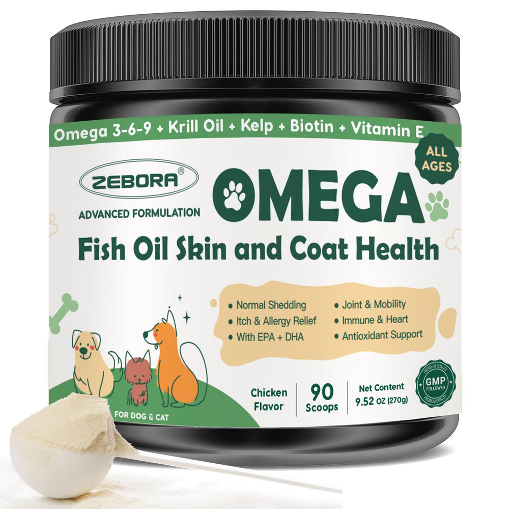 ZEBORA Omega-3 for dogs bottle pour shows easy daily dosing for balanced fatty acids.