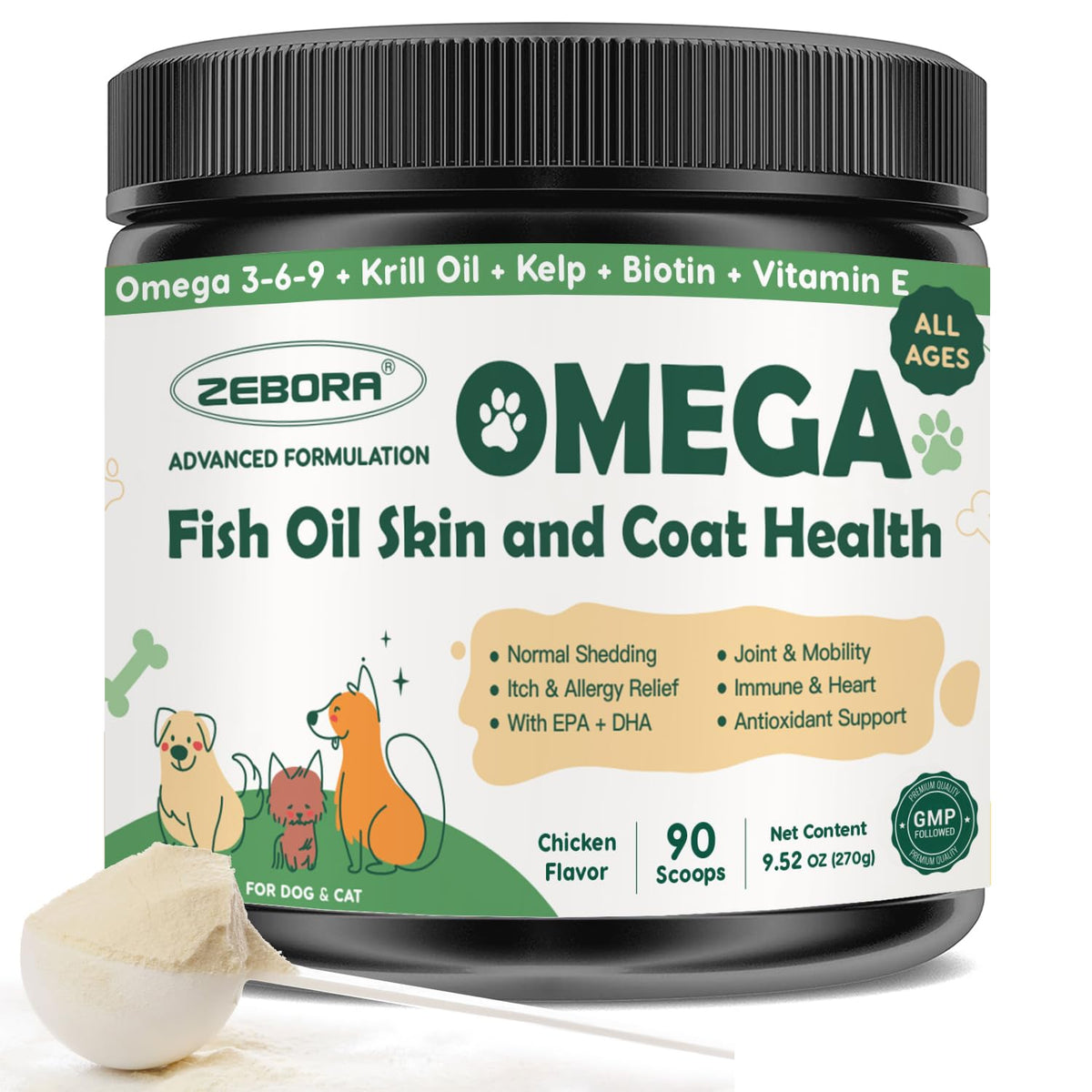 ZEBORA Omega-3 for dogs bottle pour shows easy daily dosing for balanced fatty acids.