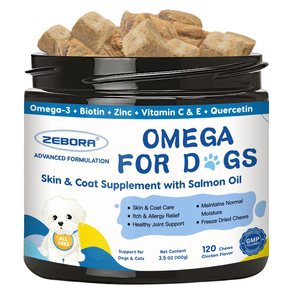 ZEBORA Omega-3 dog oil bottle pour highlights easy dosing for healthy skin and coat.
