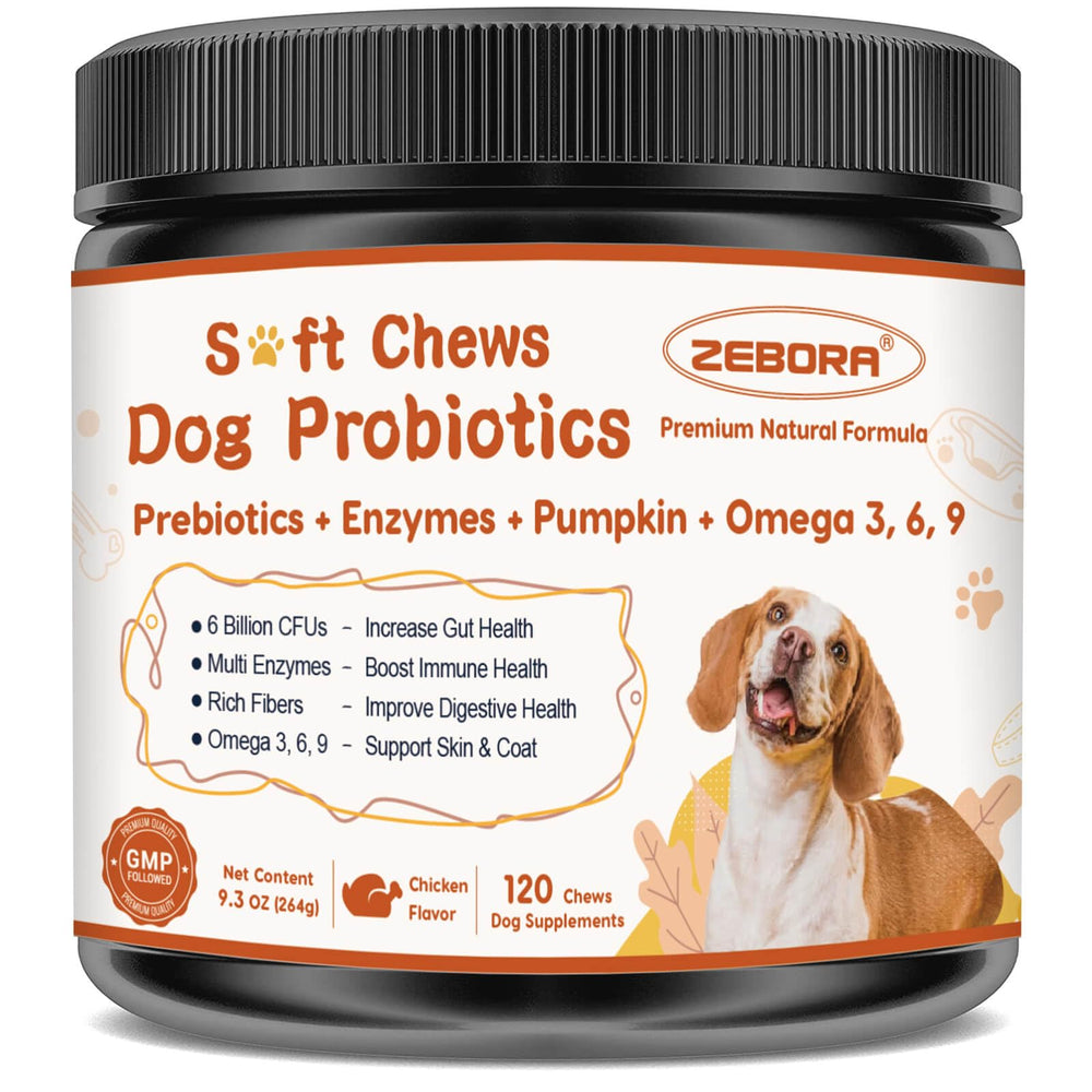 ZEBORA Probiotics for Dogs bottle front promoting digestive support on the go