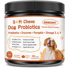 ZEBORA Probiotics for Dogs bottle front promoting digestive support on the go