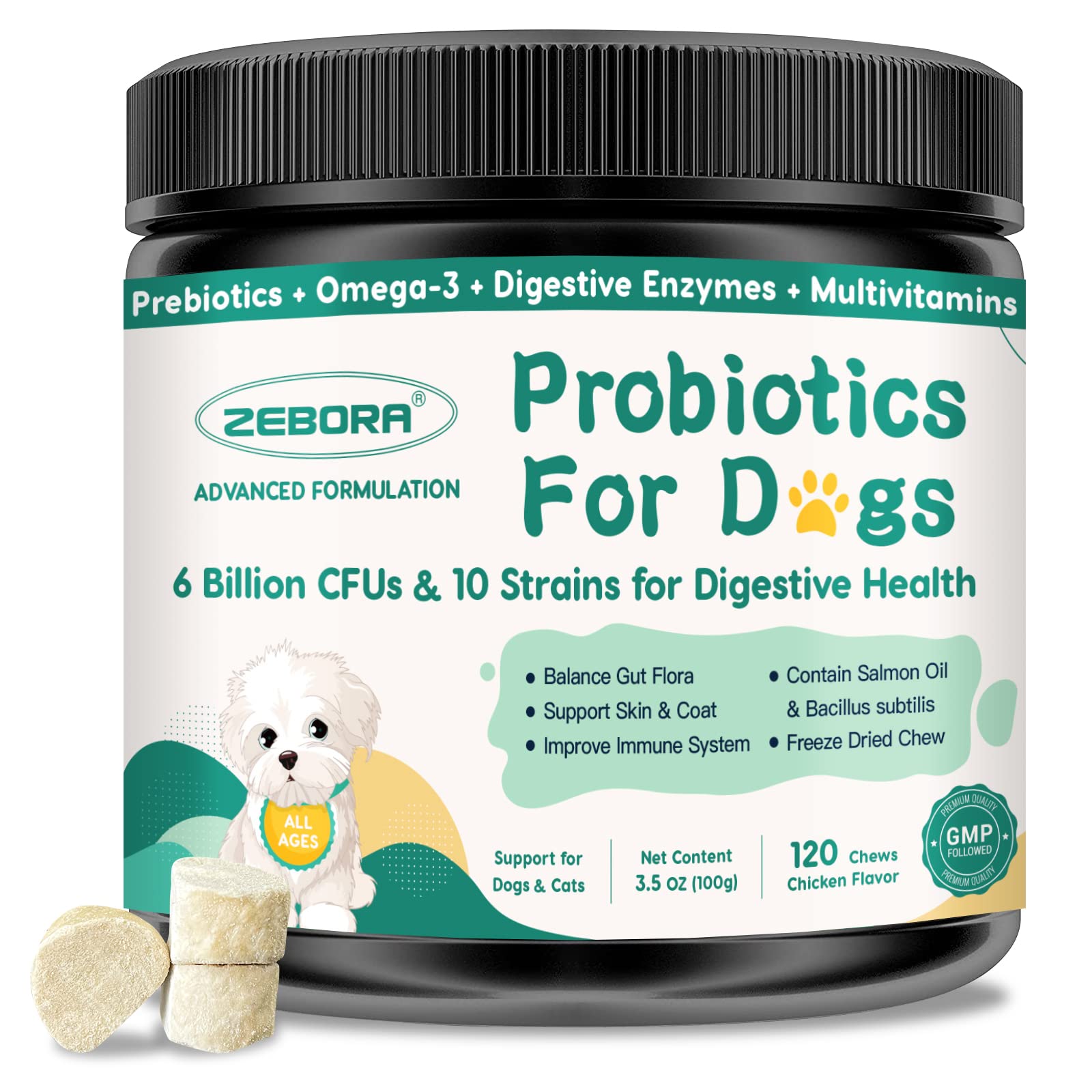 ZEBORA dog probiotic freeze-dried chews support gut balance and digestive comfort.