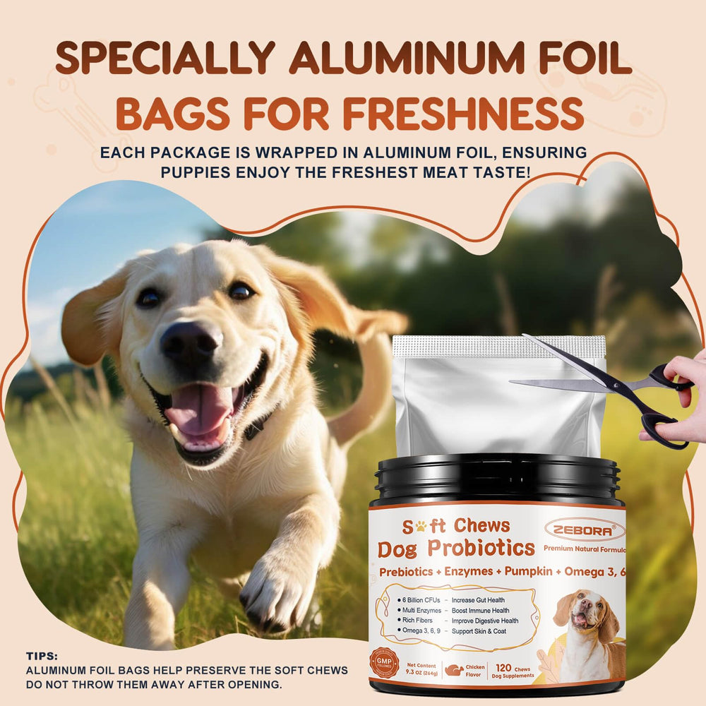 ZEBORA Probiotics for Dogs includes probiotics, prebiotics, enzymes, and omega fats for gut balance.