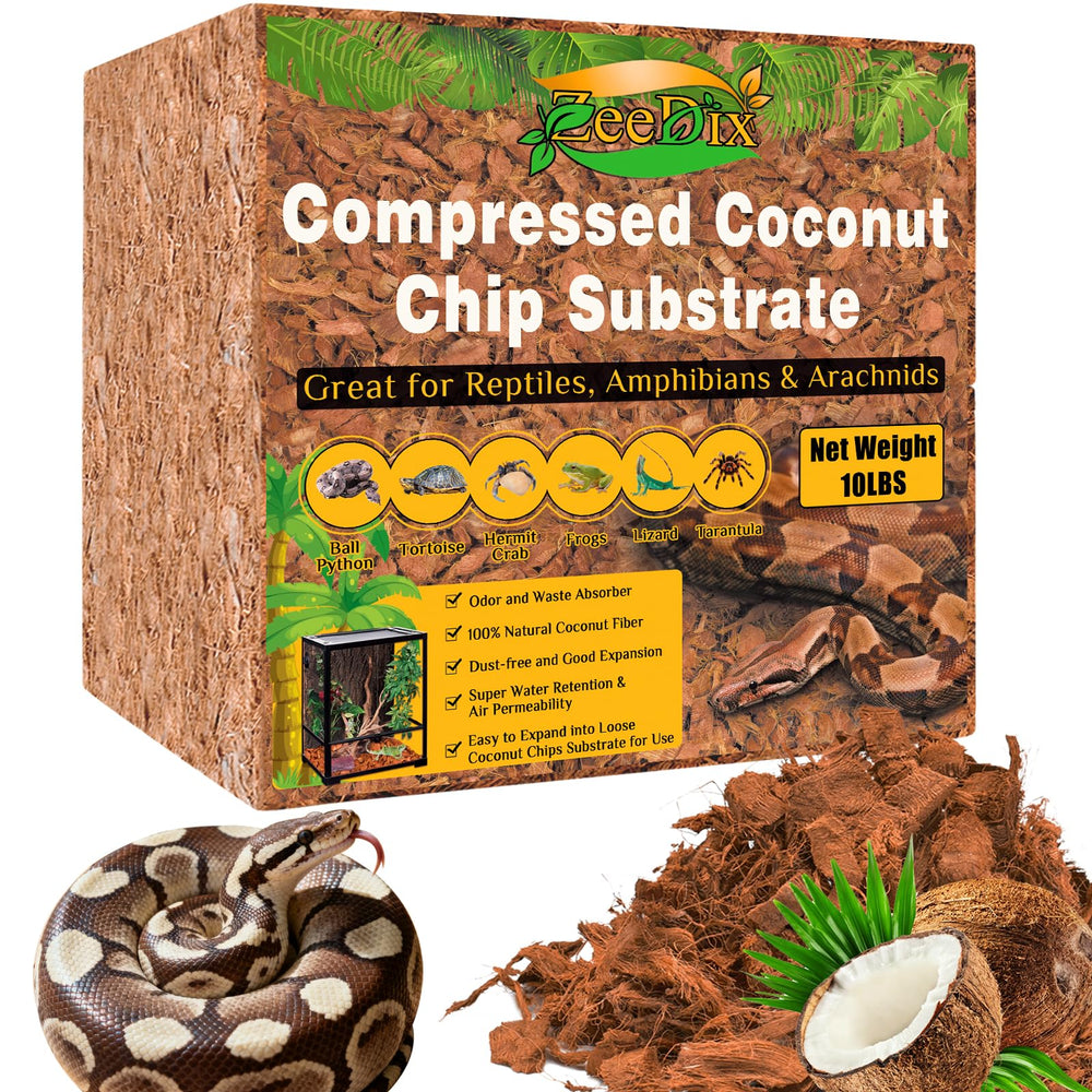 ZeeDix 10lb coconut husk brick expands into loose bedding for reptiles.