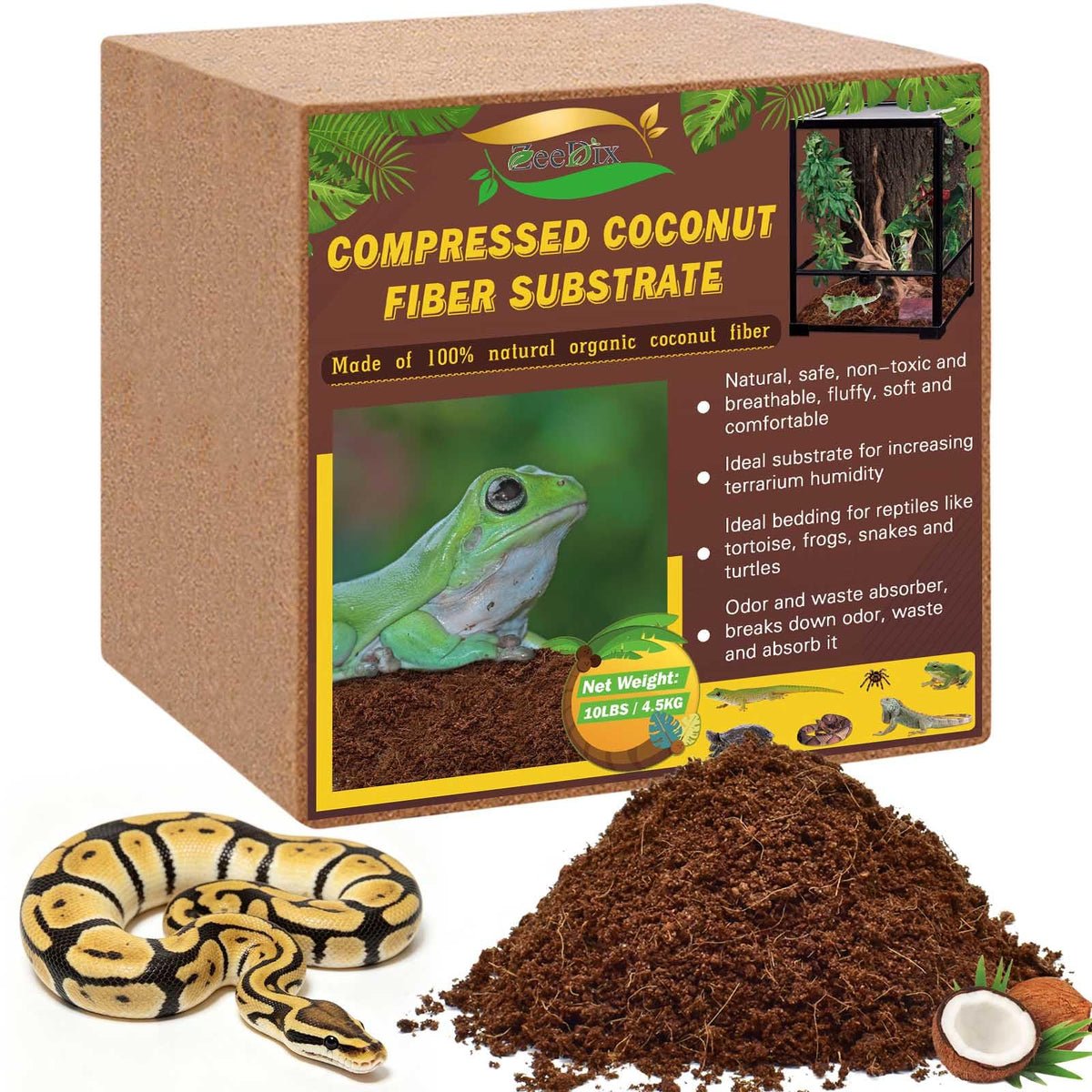 ZeeDix coconut fiber substrate brick expands when soaked for terrarium bedding.