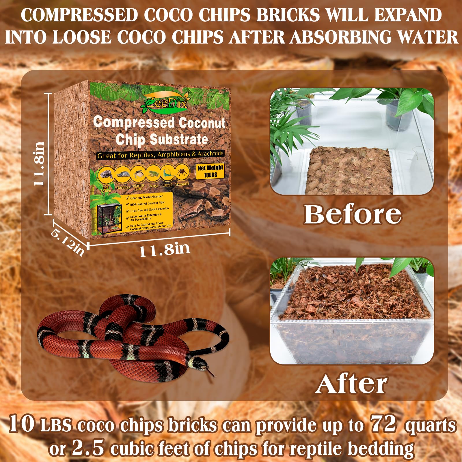 ZeeDix expanded coco coir chips provide clean, odor-absorbing substrate for terrariums.