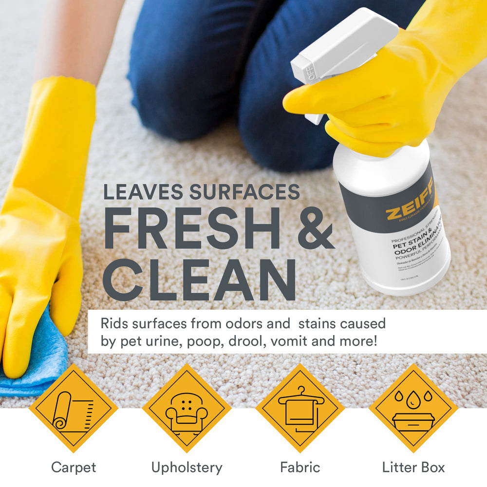 Zeiff cleaner used on fabric and tile surfaces for versatile deodorizing