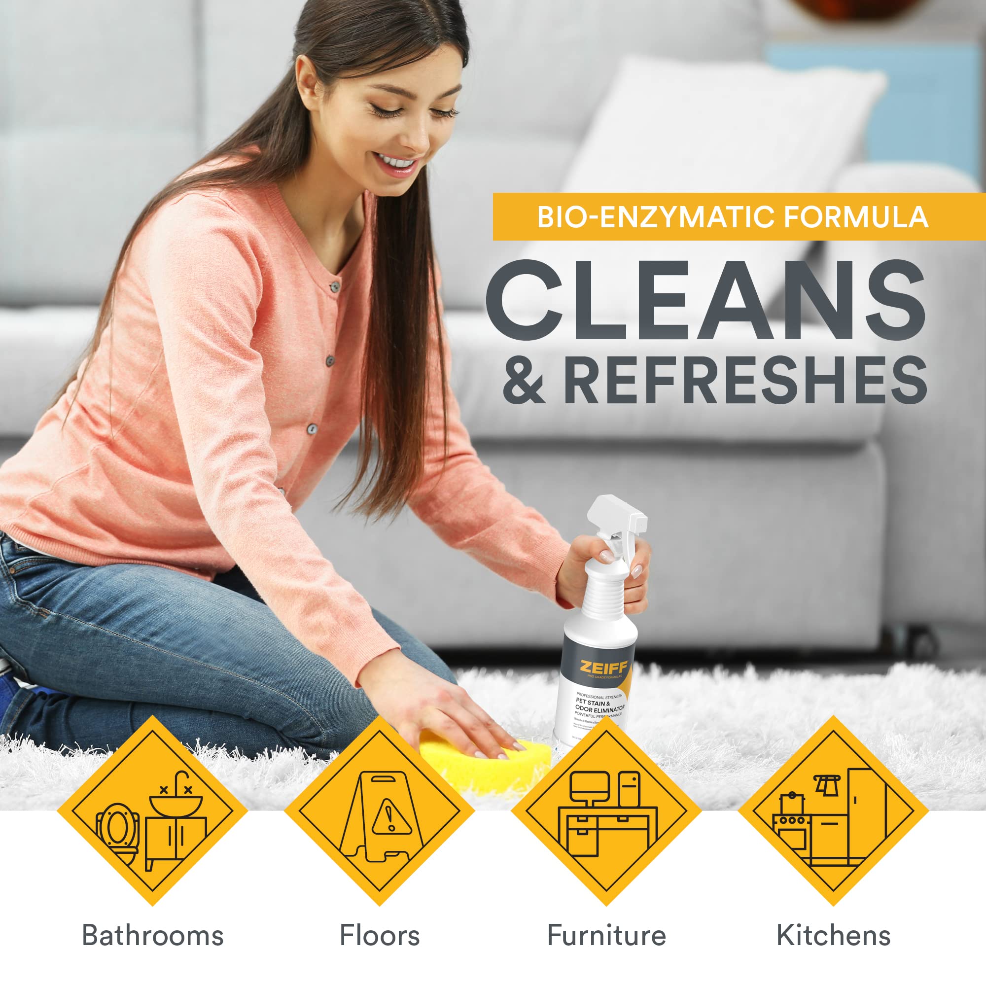 Zeiff foam action bottle highlighting fast stain removal and odor neutralization