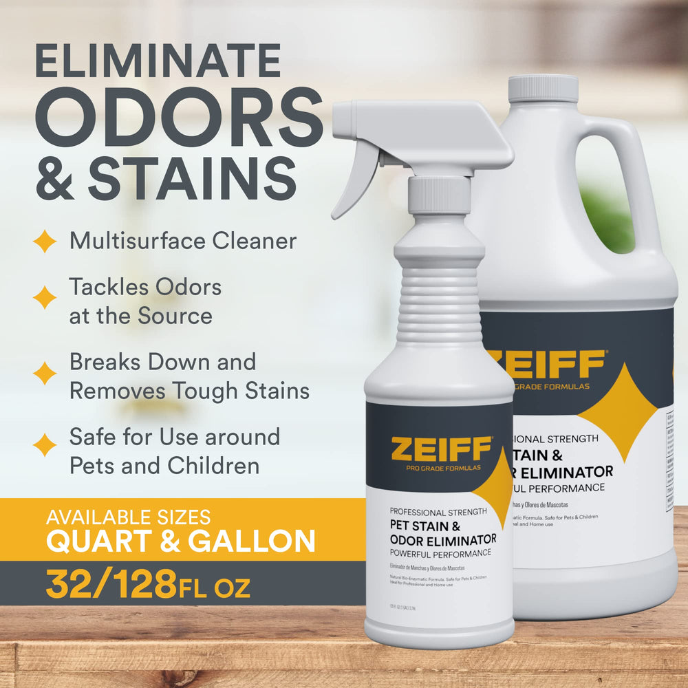 Zeiff label closeup highlights enzyme formula and practical spray application.