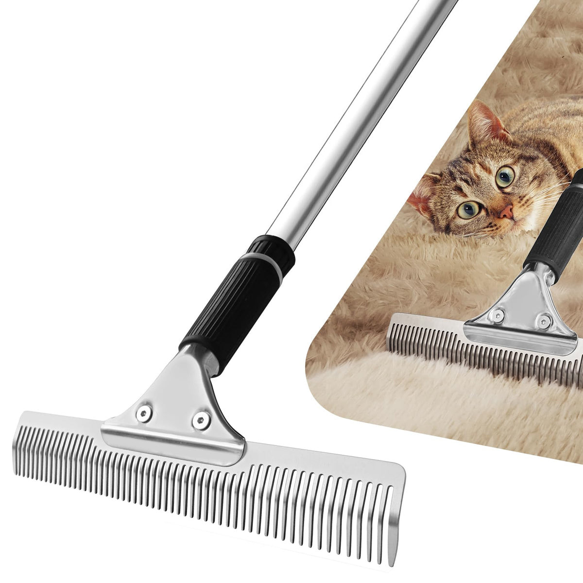 ZEMOZEN Pet Hair Carpet Rake front view showing the 9-inch head for quick fur lifting on carpets