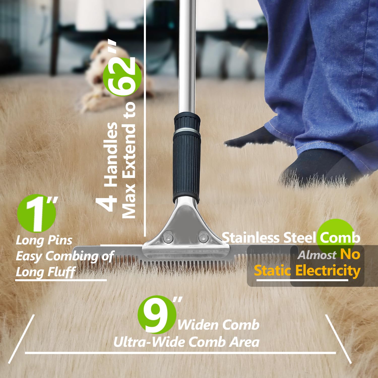 ZEMOZEN Pet Hair Carpet Rake in use on stairs to extract embedded fur without bending